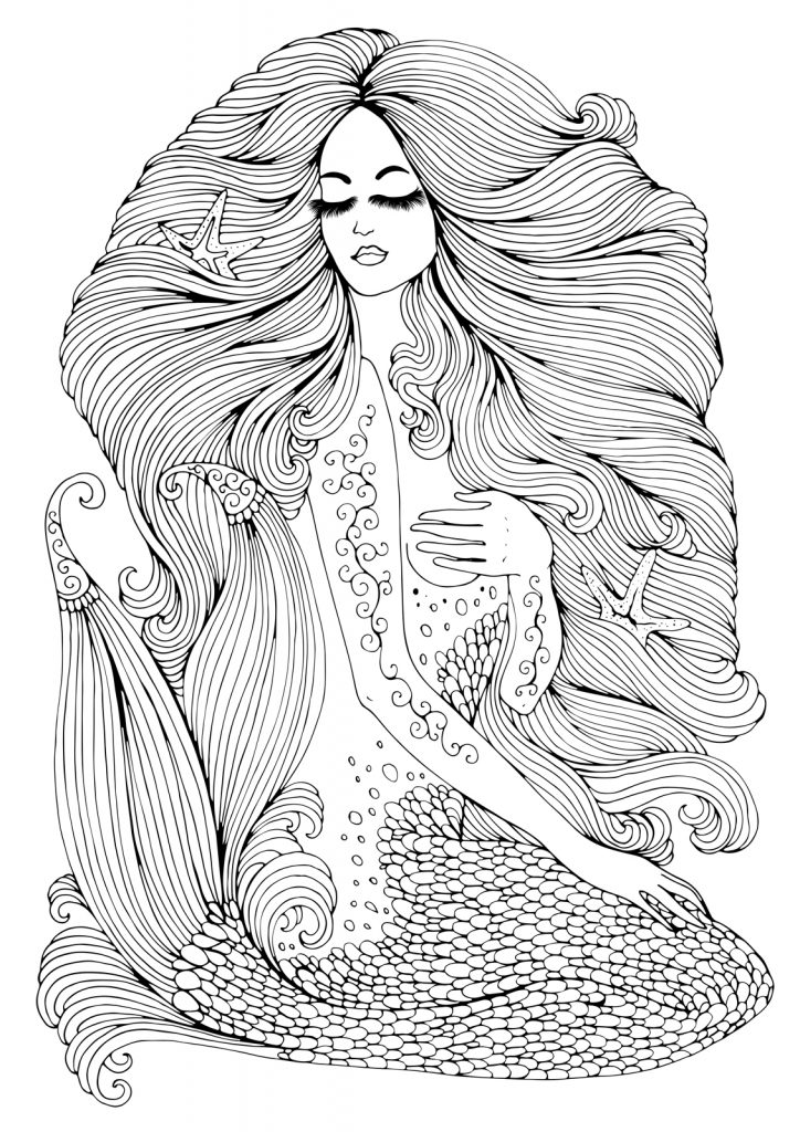 Vector sea mermaid with long curly hair and a beautiful patterned scaly tail with wavy fins. Decorated graphic illustration of a mermaid tattoo. Mermaid sea nymph. 