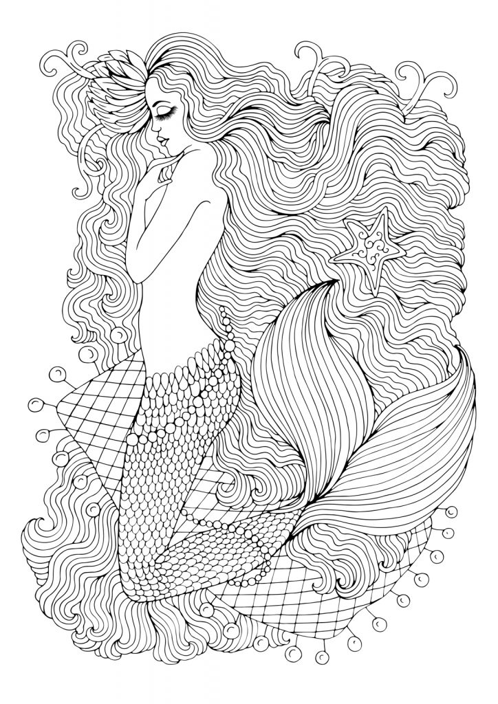 Vector drawing fantastic sea mermaid with water lily in long wavy hair on the web. Ornamental decorated graphic illustration of a mermaid tattoo. Coloring  page sea nymph. Fairy tale characters.