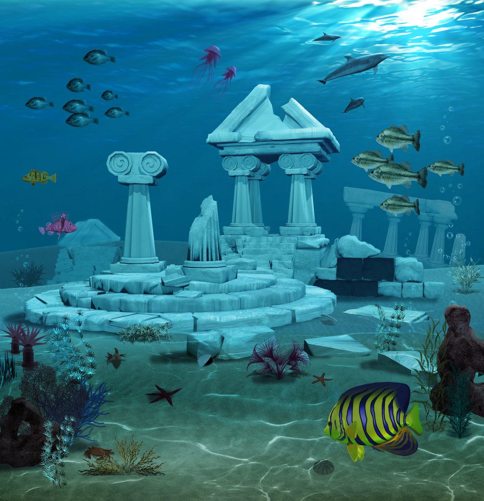 3d illustration of the sunken ruins of the ancient Atlantis civilization.