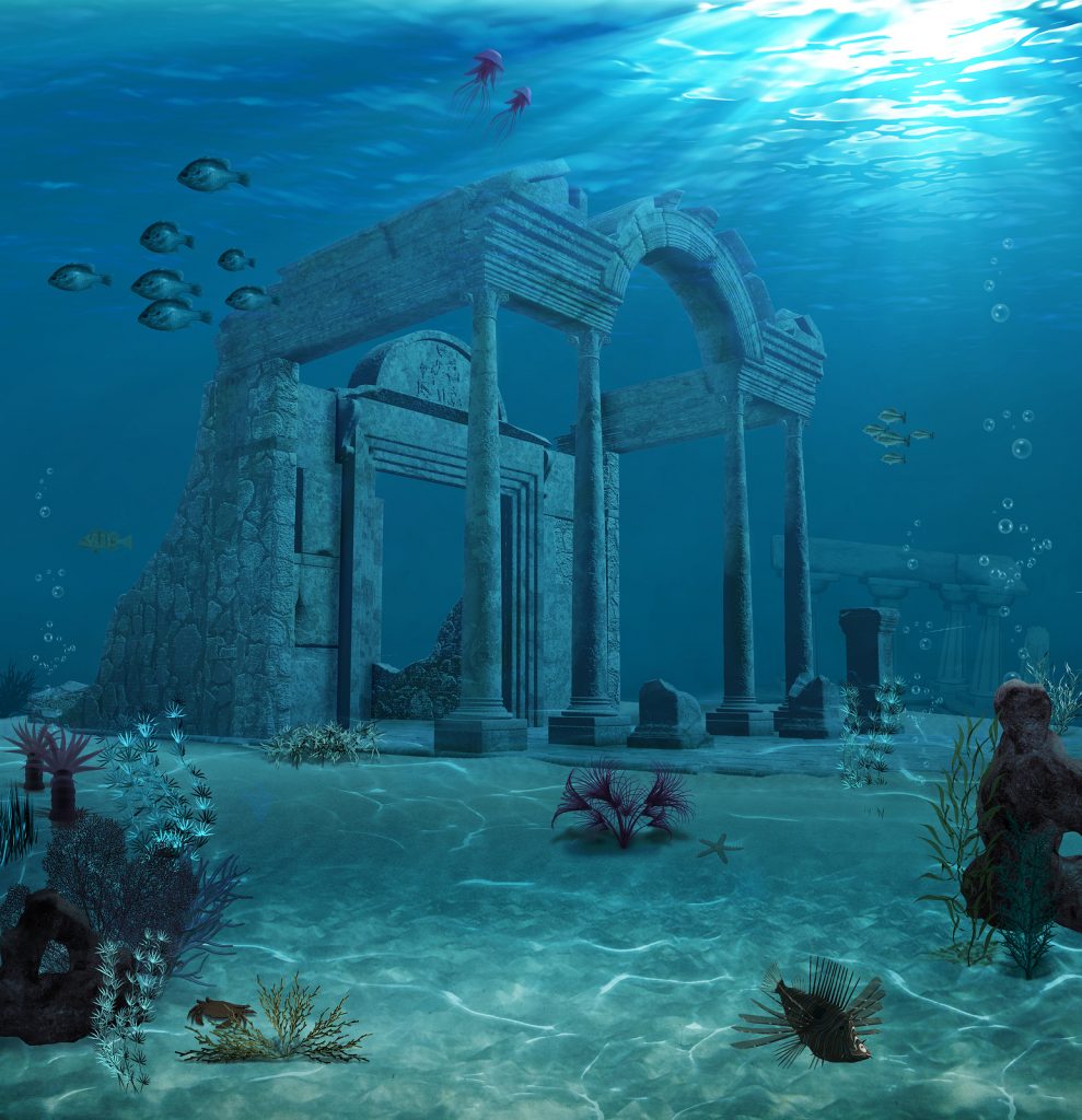 3d illustration of the sunken ruins of an ancient Atlantis type civilization.