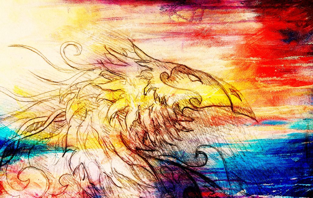 drawing of ornamental dragon on old paper background computer collage. and color structure