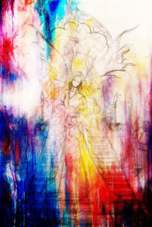 Mystical woman angel standing at staircase with the portal on the top. Color effect