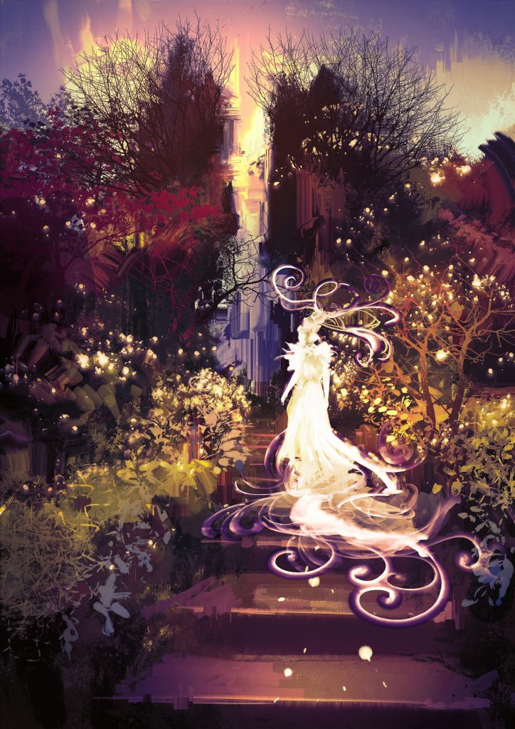 fantasy landscape painting of beautiful goddess up the stairs