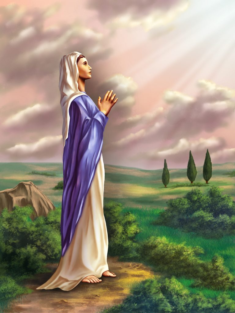 Virgin Mary praying in a beautiful country landscape. Original digital illustration.