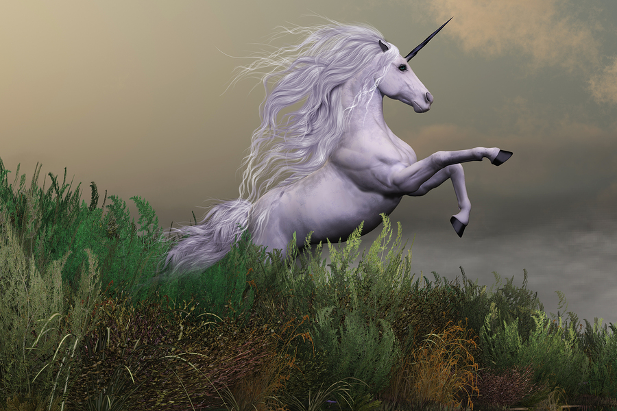 White Unicorn on Mountain 3d illustration - A white unicorn stallion rears up with power and majesty on a hilltop of a mountain range.