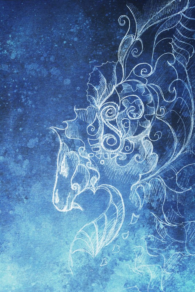 Drawing of ornamental dragon. computer collage and blue color structure. Winter effect