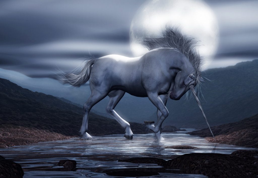 Unicorn Moon is an original piece of digital fantasy artwork featuring a beautiful mystical unicorn under 