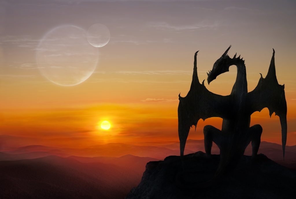 3D illustration of black dragon sitting on a stone against the setting sun