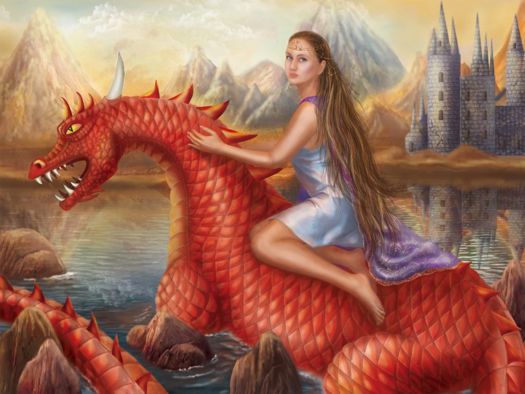 illustration Fantasy Red dragon and beautiful princess float on water.