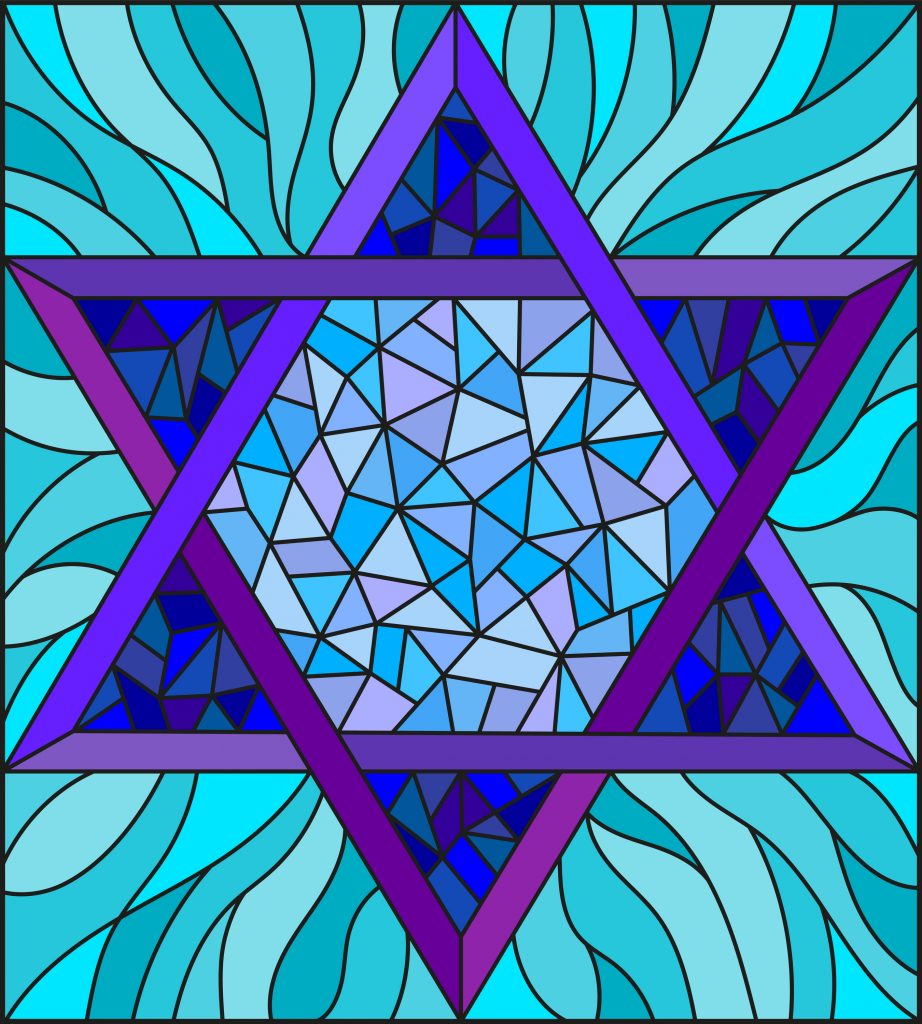 Illustration in stained glass style with an abstract six-pointed blue star on a blue background similar to Melchezidek Order symbol