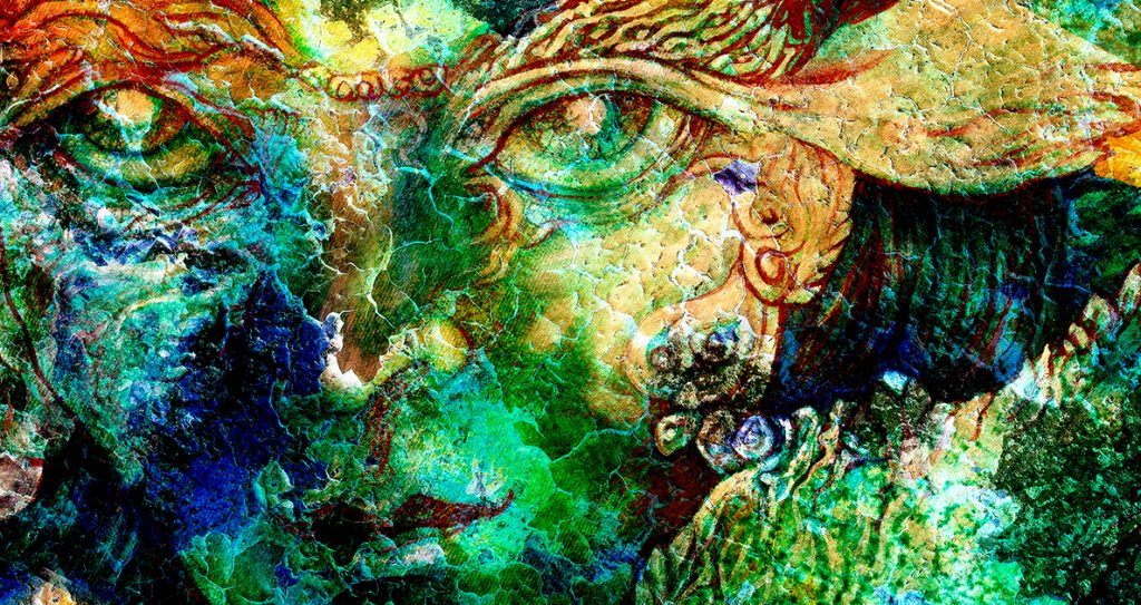 elven fairy creatures and energy lights an insight in a fairy realm face portrait closeup cracklle effect collage