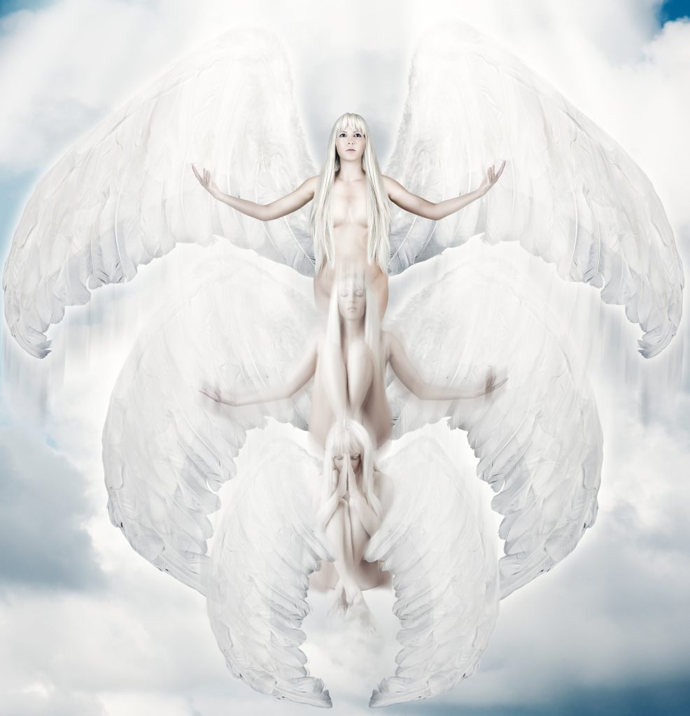 Flying white angel in move with big wings to sun light