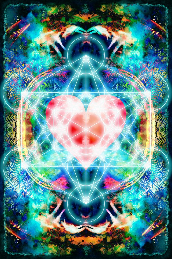 Light merkaba and heart on abstract background. Sacred geometry. Love