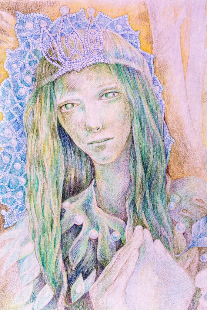 Beautiful fantasy drawing of a fairy woman forest queen with a crown of pearls and long green hair radiant and detailed portrait