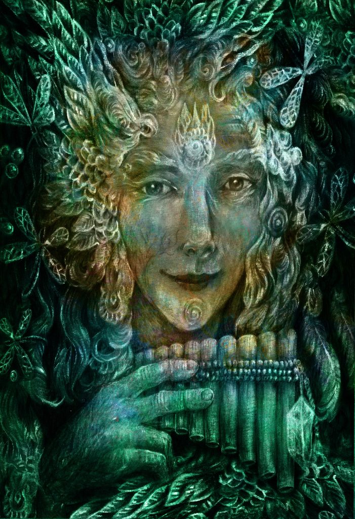 forest fairy shaman with panflute and crystal, detailed colorful illustration.