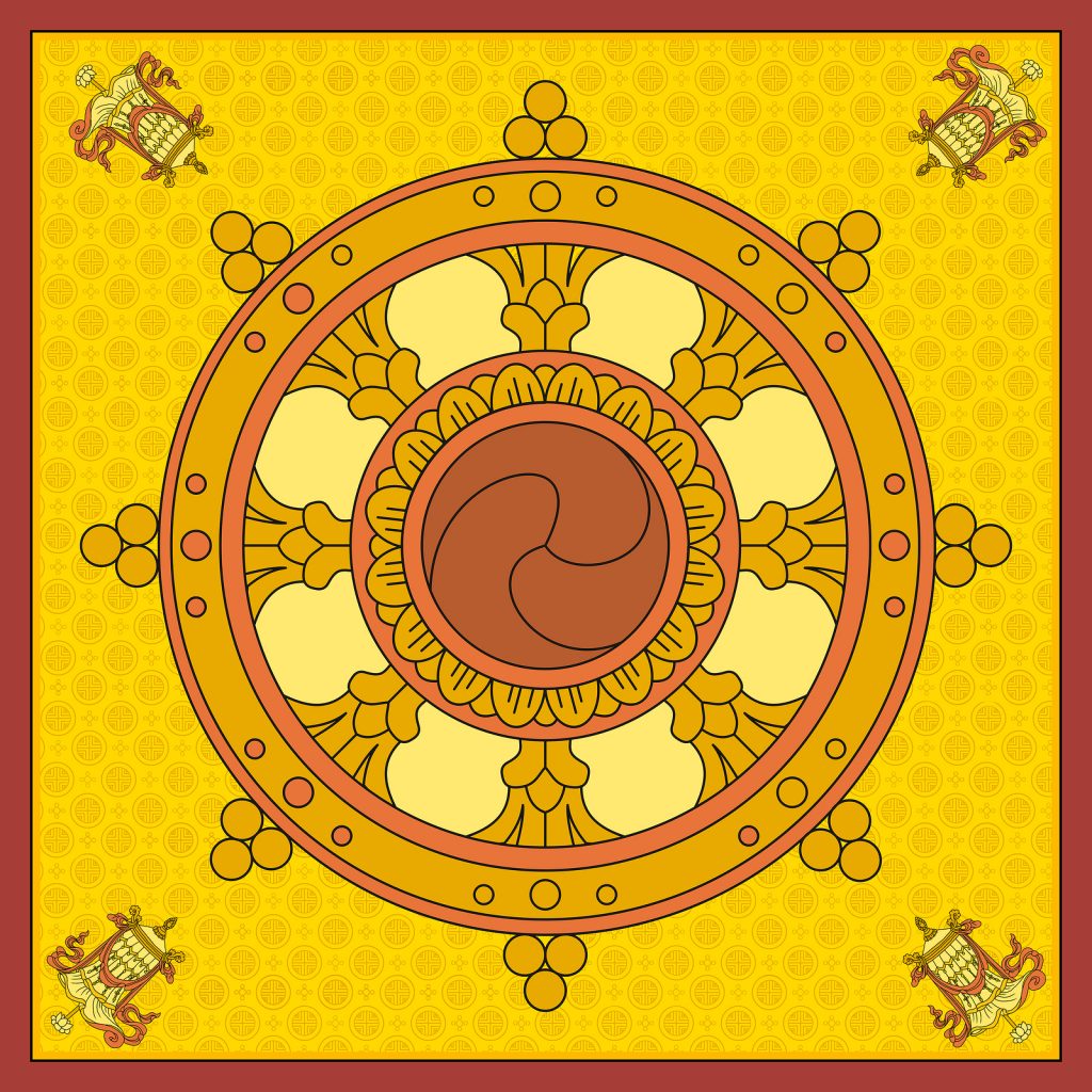 Dharma Wheel, Dharmachakra Icons. Buddhism symbols. Symbol of Buddha's teachings on the path to enlightenment, liberation from the karmic rebirth in samsara.