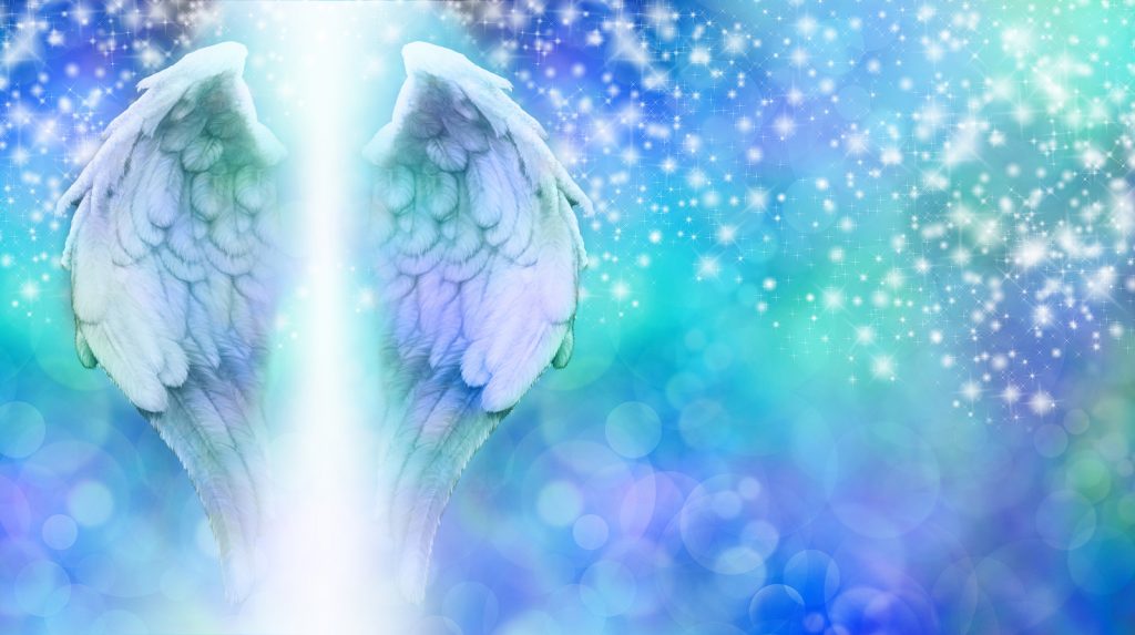 Wide blue bokeh background with a rainfall of different sized sparkles falling from top to bottom and a large pair of Angel Wings on the left side with a shaft of bright light between