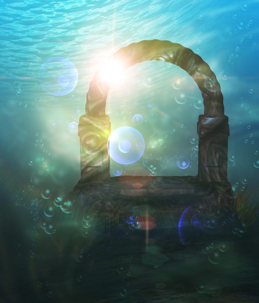 Abstract surreal underwater landscape with ancient ruins.