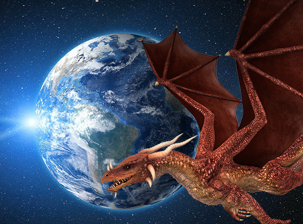 healing earth Dragon flying around the planet