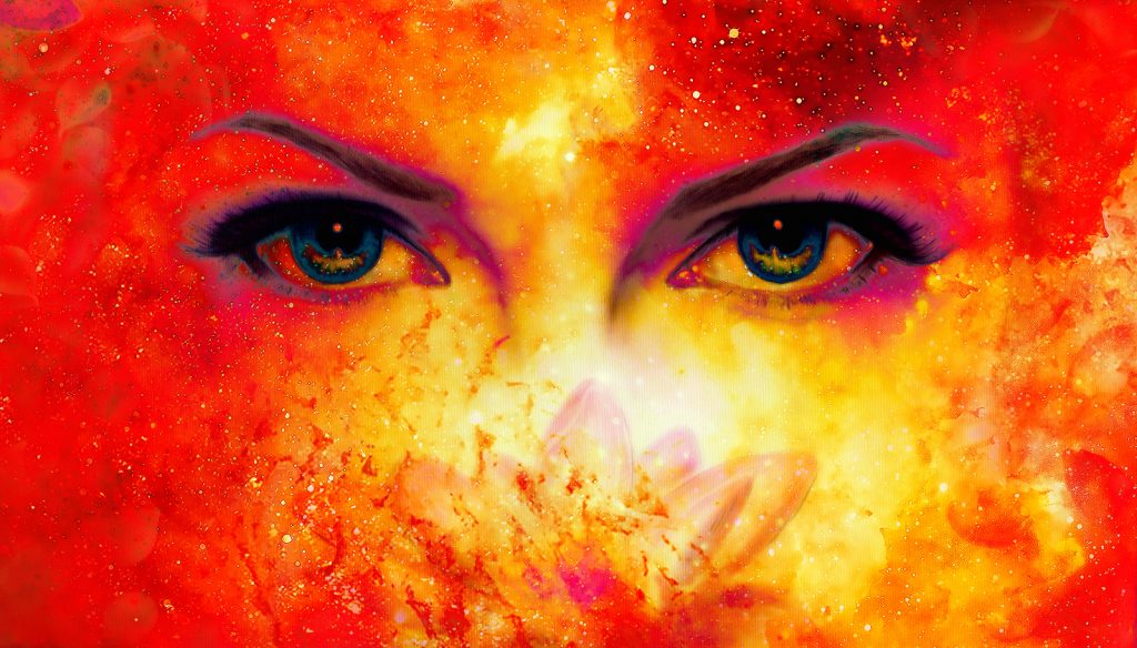 Woman eyes and lotus flower in cosmic background. Eye contact. Fire effect