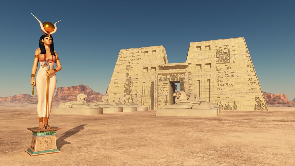 Computer generated 3D illustration with the temple of Edfu and goddess Hathor