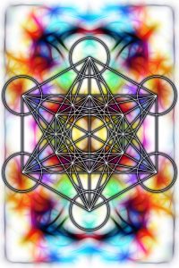 Light merkaba on abstract background and fractal effect. Sacred geometry