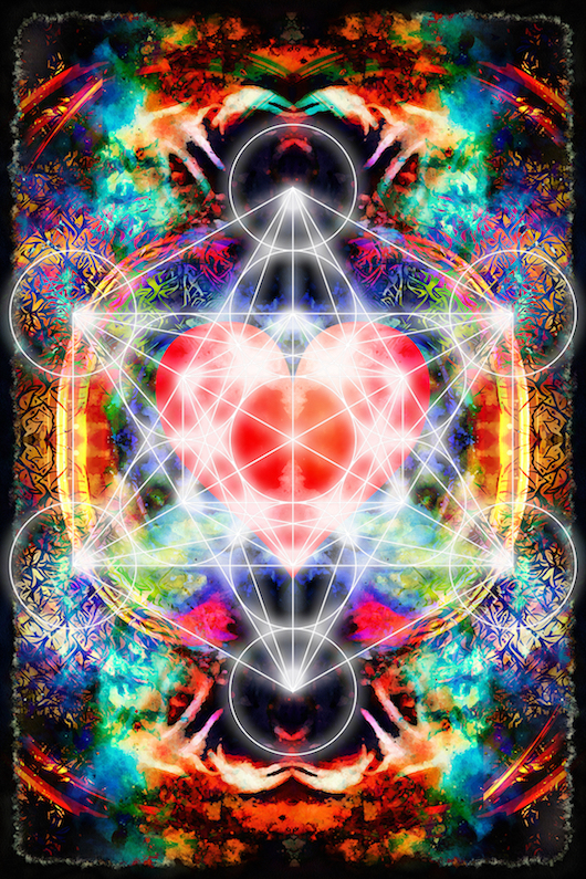 Light merkaba and heart on abstract background. Sacred geometry