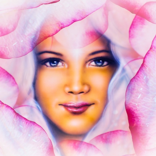 Beautiful Young Woman Angelic Face With Blue Eye , On Abstract Rose Flower Background