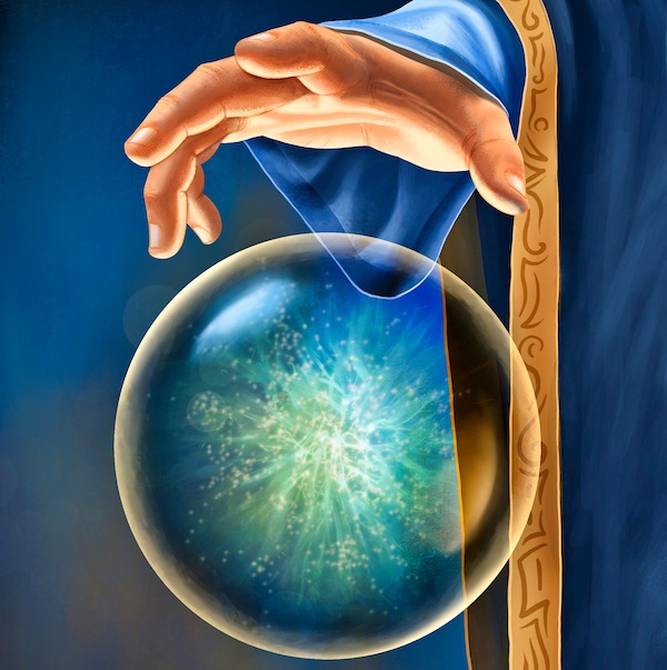 Wizard's hand interacting with a floating magical orb