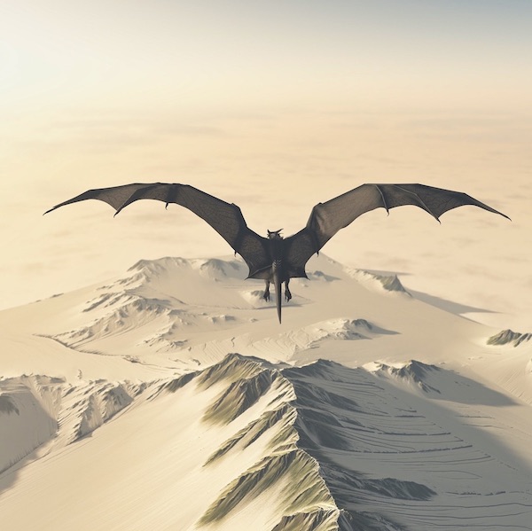 Ice Dragon Flight Over Snowy Mountains