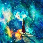 Woman standing in front of colourful universe