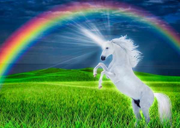 Dazzling White Unicorn Under A Rainbow