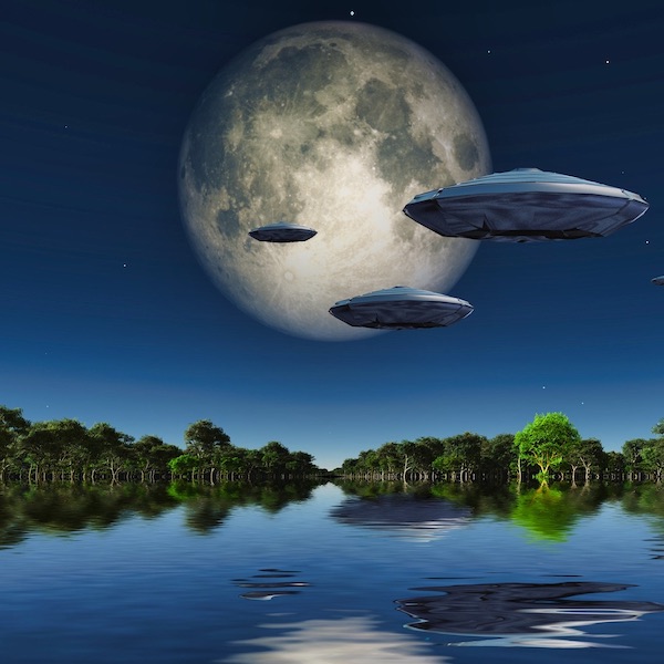 Flying saucers flies above ocean by Full Moon